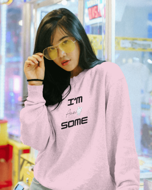 Cute Oversized Women’s Sweatshirt – I Am Aww-Some Dark Edition sweatshirt oversized fit cotton fabric heavyweight fabric graphic print printed design detail view by HAViT Apparel