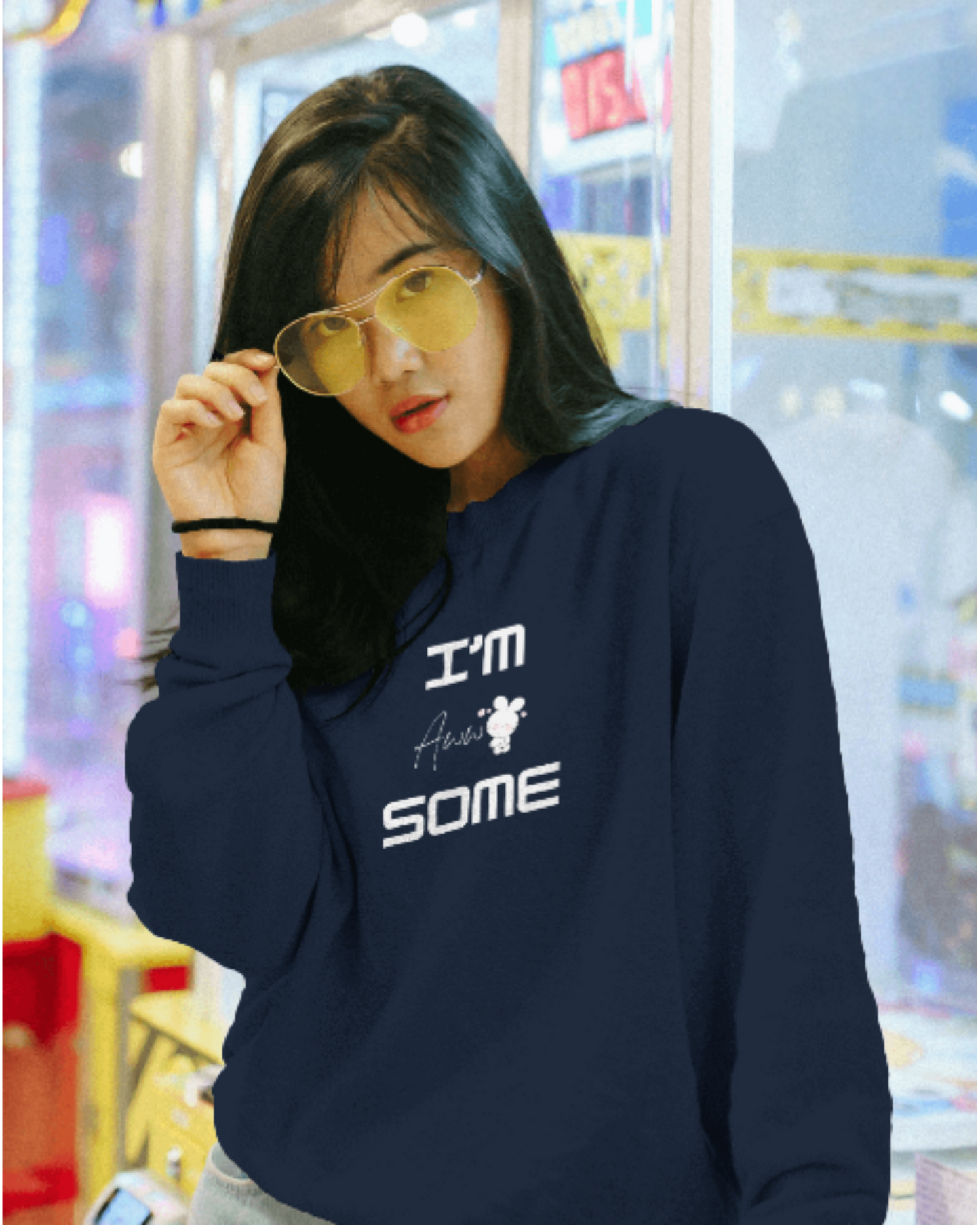 Cute Oversized Women’s Sweatshirt – I Am Aww-Some sweatshirt oversized fit cotton fabric heavyweight fabric graphic print printed design detail view by HAViT Apparel