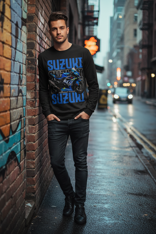 Male model wearing Suzuki Blue Racer black full-sleeve t-shirt in urban street setting