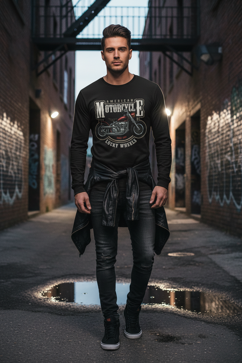 Male model wearing Lucky Wheels full-sleeve t-shirt in urban street setting