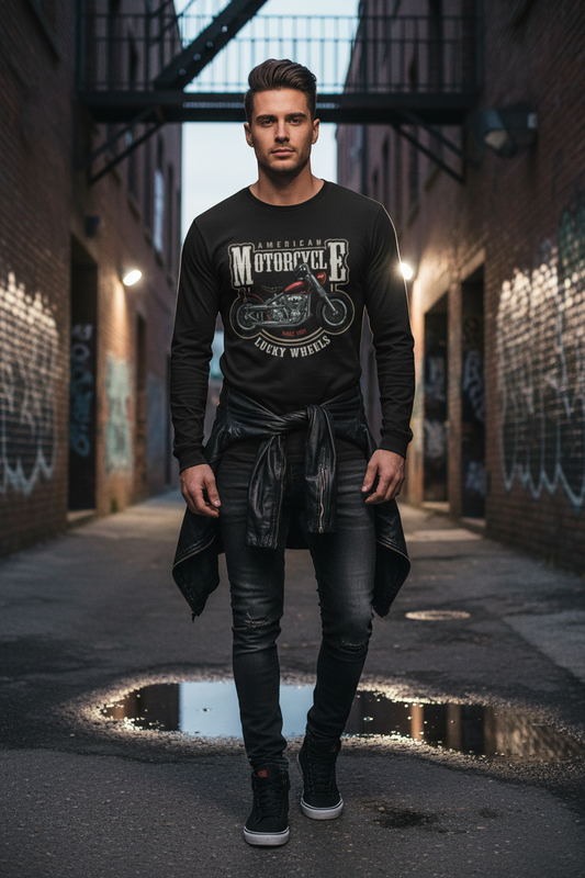 Male model wearing Lucky Wheels full-sleeve t-shirt in urban street setting