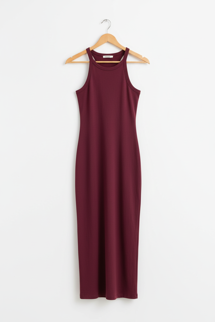 Deep wine bodycon dress on wooden hanger