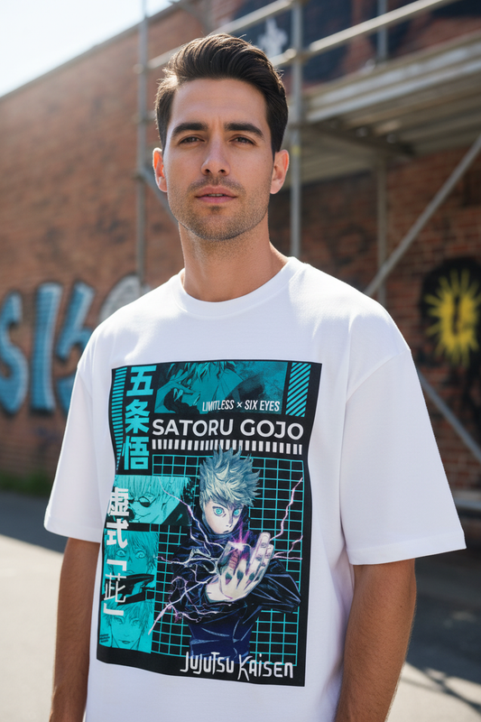 Male model wearing GOJO oversized t-shirt