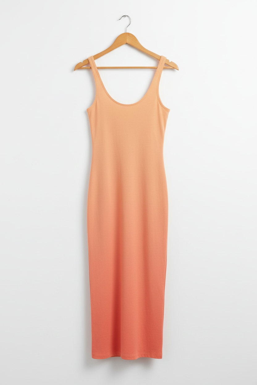 Coral Glow Ombre Bodycon Dress - coral to peach ombre bodycon dress on wooden hanger, white studio background