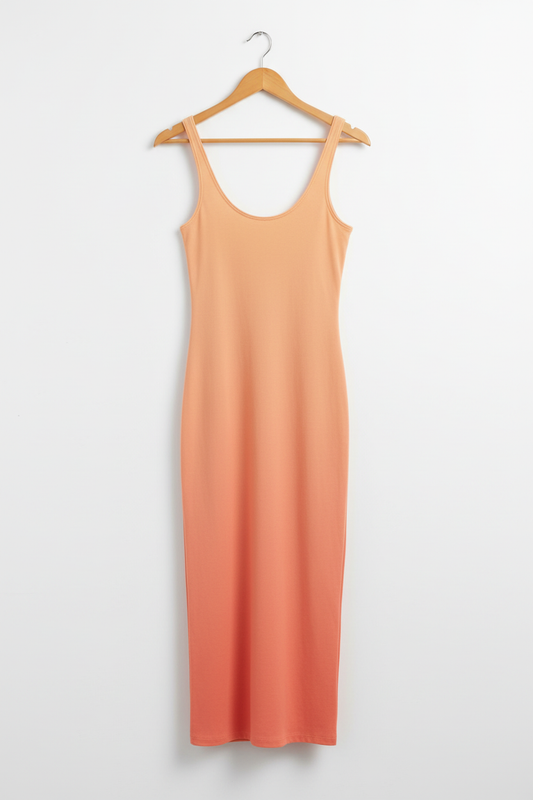 Coral Glow Ombre Bodycon Dress - coral to peach ombre bodycon dress on wooden hanger, white studio background