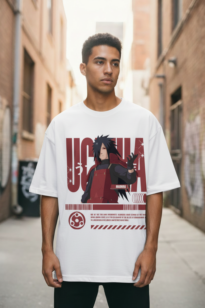 Male model wearing Madara Uchiha – Legendary Shinobi oversized t-shirt