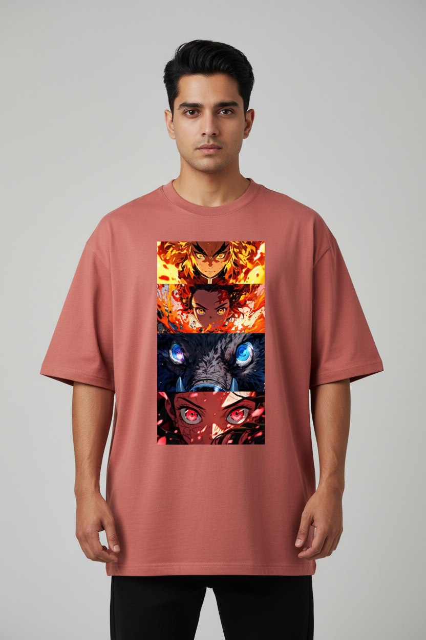 Flame & Beast Saga Oversized T-Shirt – Coral – Front – Indian Male Model