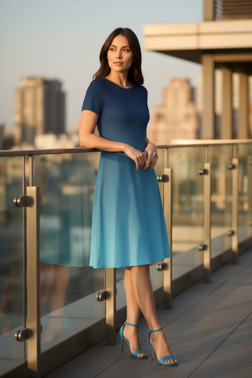 Indian female model wearing Coastal Glow A-Line Dress at rooftop café, leaning on railing gazing into distance, full body shot