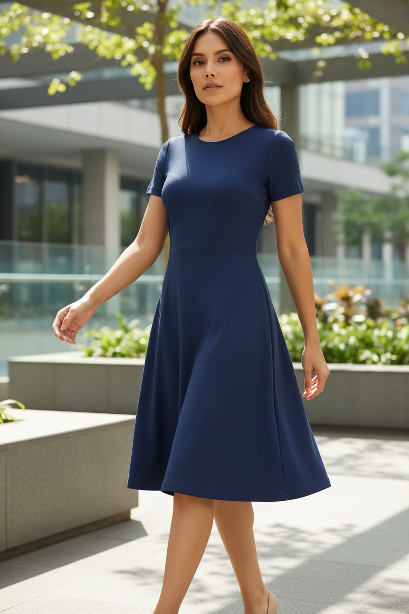 Indian model wearing deep navy blue A-line dress