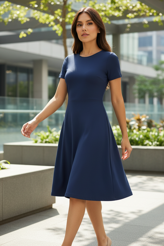 Indian model wearing deep navy blue A-line dress