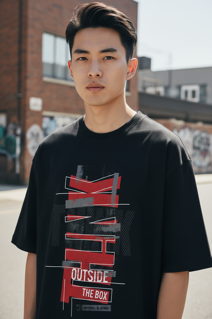 Male model wearing Think Outside the Box Oversized Street Tee