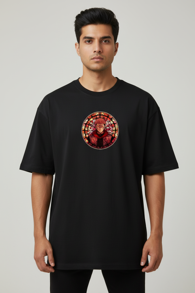 Cursed King Rage Oversized T-Shirt – Black – Front – Indian Male Model