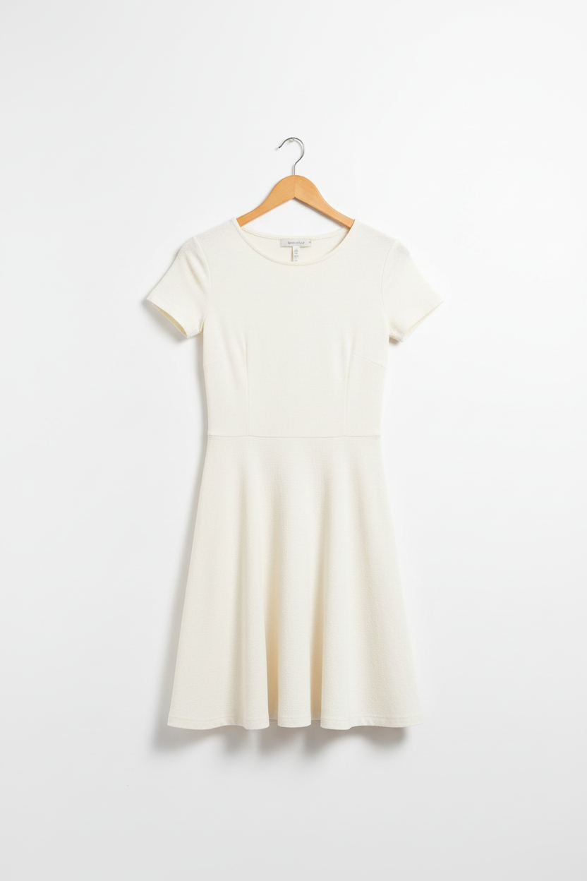Ivory cream A-line dress on wooden hanger