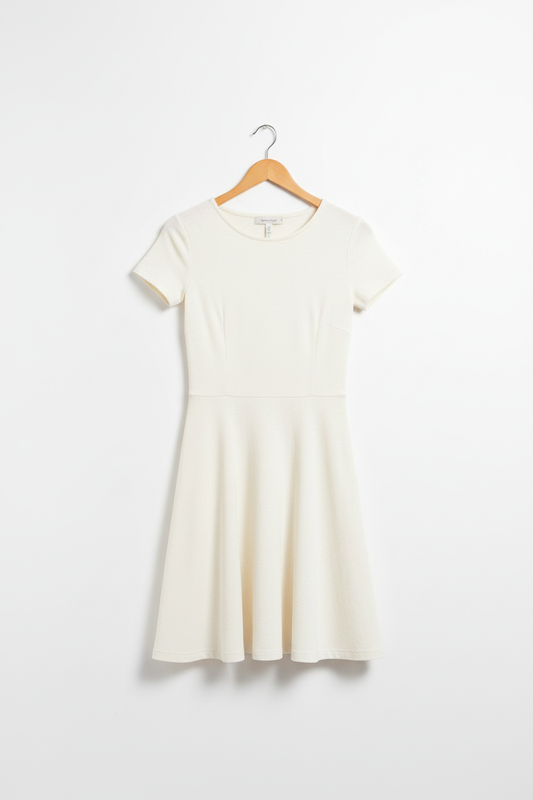 Ivory cream A-line dress on wooden hanger
