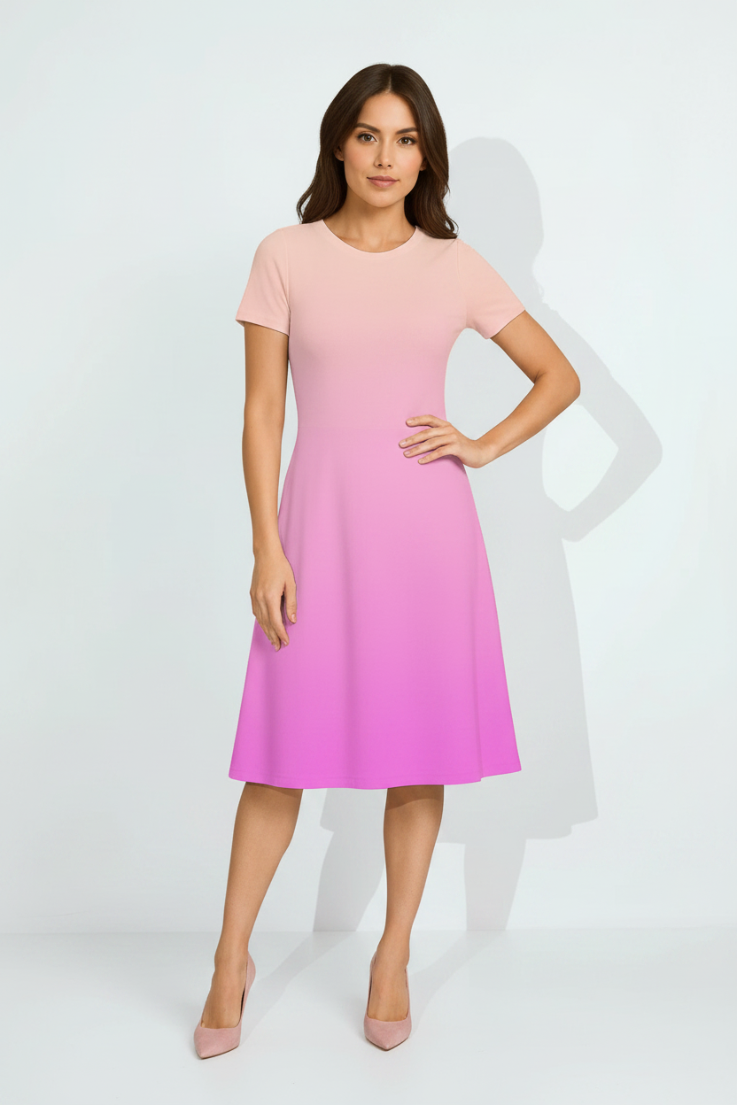 Indian female model wearing Peach Blossom A-Line Dress in studio setting, confident hand-on-hip pose, full body shot