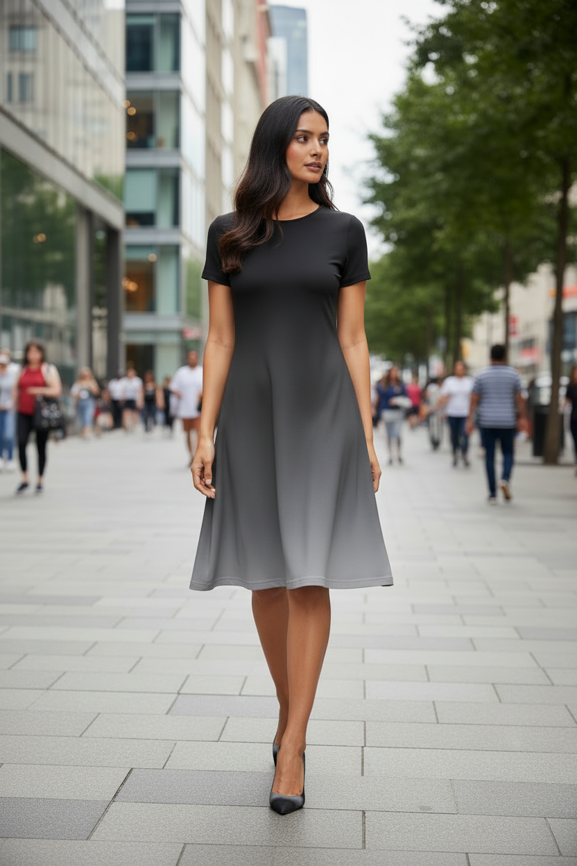 Indian female model wearing Ash Ombre A-Line Dress walking on city boulevard, mid-stride pose, full body shot