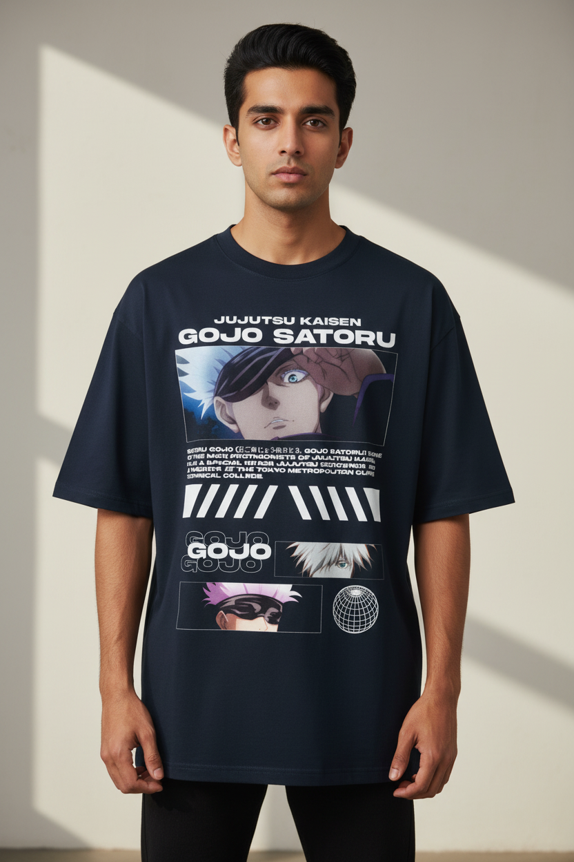 Infinity Sorcerer Blueprint Oversized T-Shirt – Navy Blue – Front – Indian Male Model