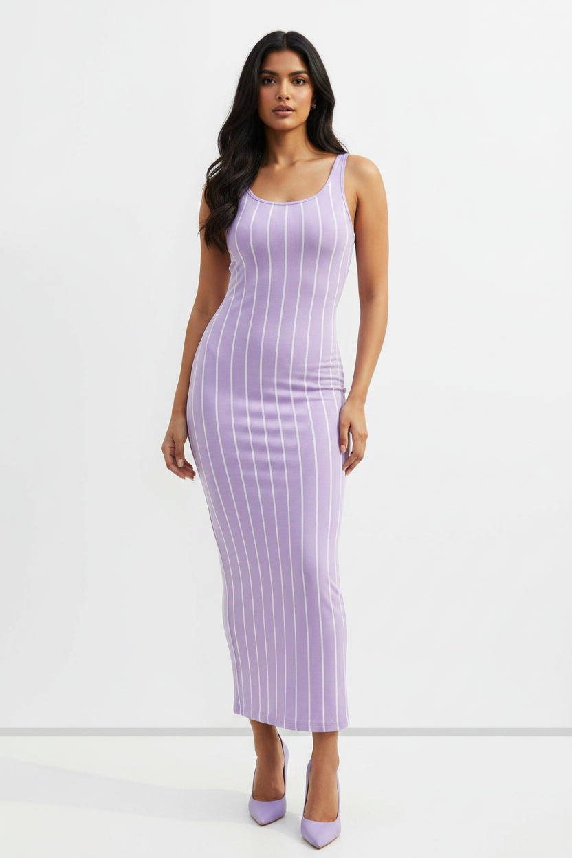 Lilac Line Bodycon Dress - wheatish-toned Indian female model wearing lavender lilac bodycon dress with vertical stripe detail, nude heels, white studio background