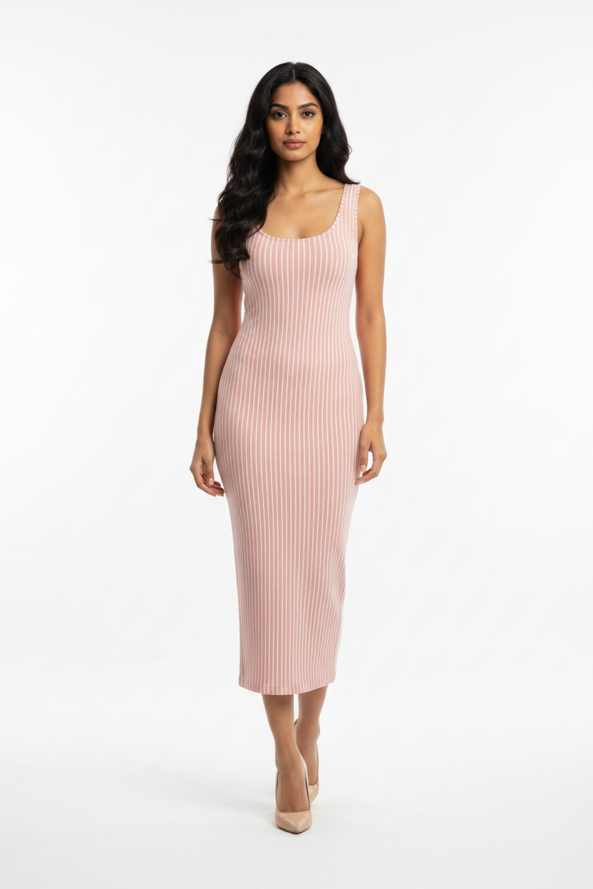 Blush Line Bodycon Dress - wheatish-toned Indian female model wearing blush pink bodycon dress with vertical stripe detail, nude heels, white studio background