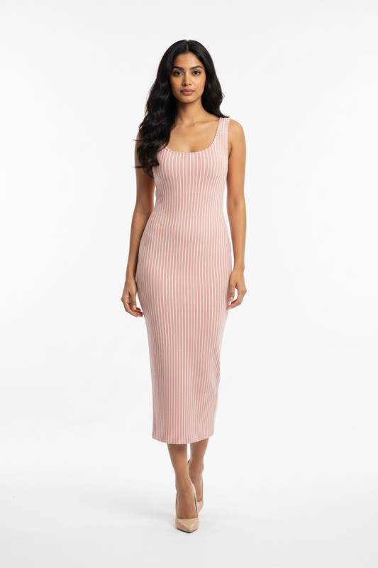 Blush Line Bodycon Dress - wheatish-toned Indian female model wearing blush pink bodycon dress with vertical stripe detail, nude heels, white studio background