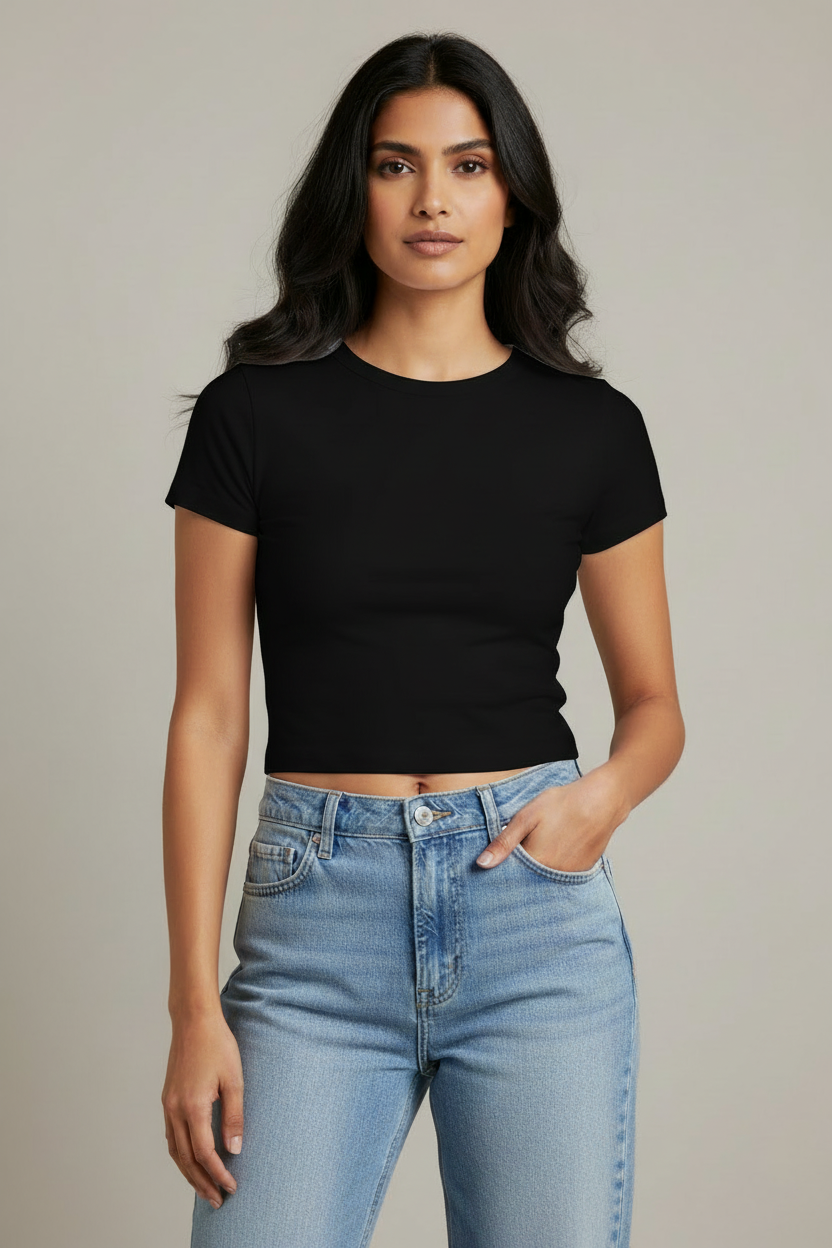HAViT Women's Baby Tee – Black – Indian Female Model