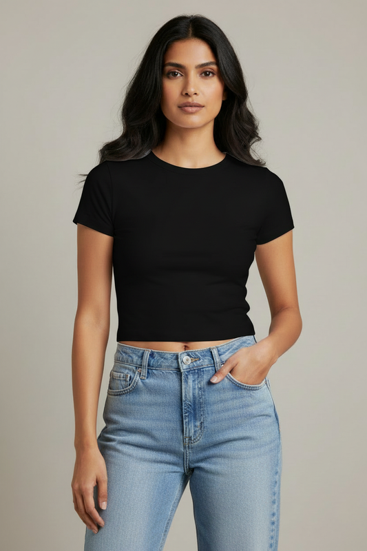 HAViT Women's Baby Tee – Black – Indian Female Model