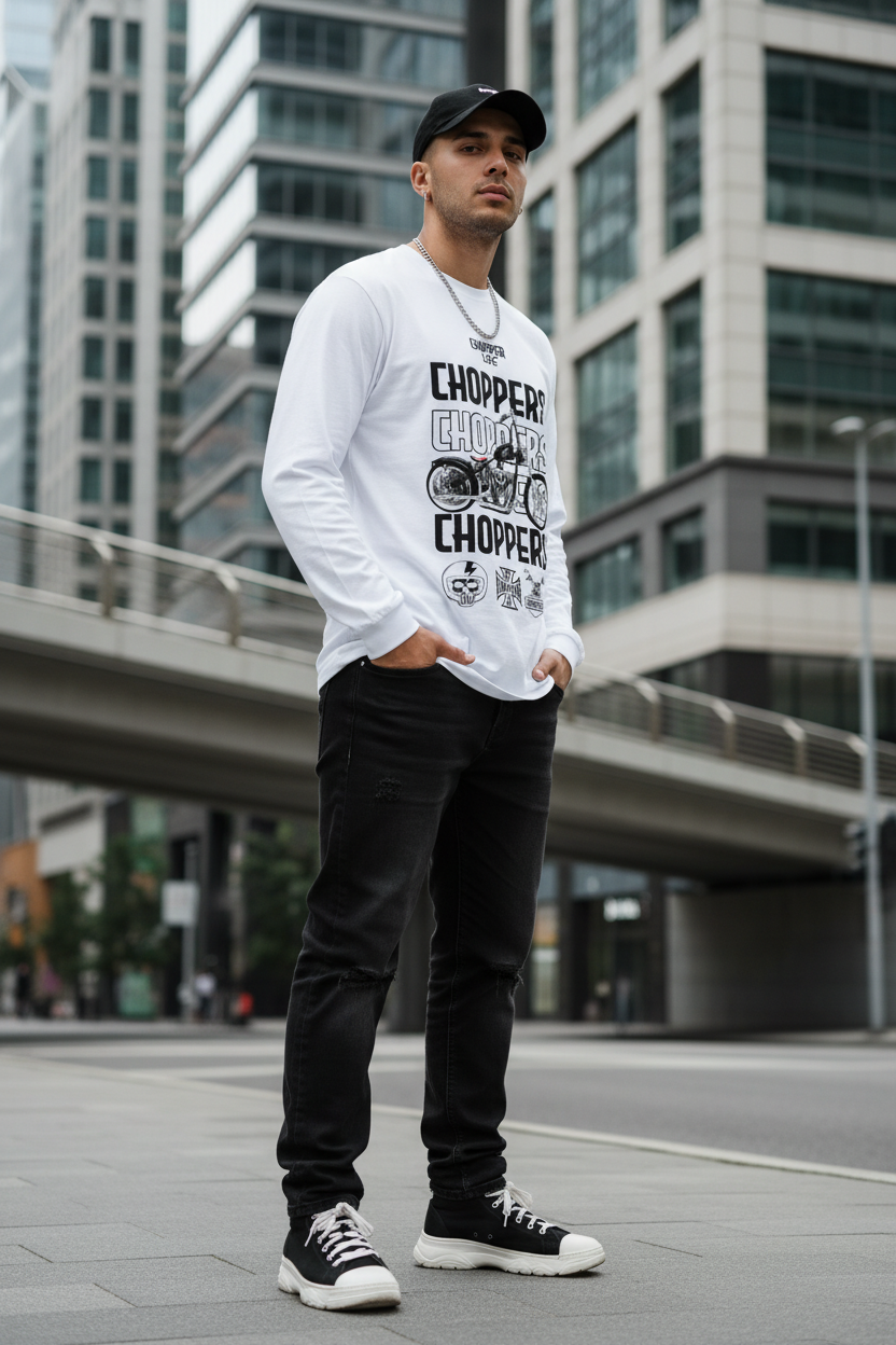 Male model wearing Classic Chopper white full-sleeve t-shirt in urban street setting