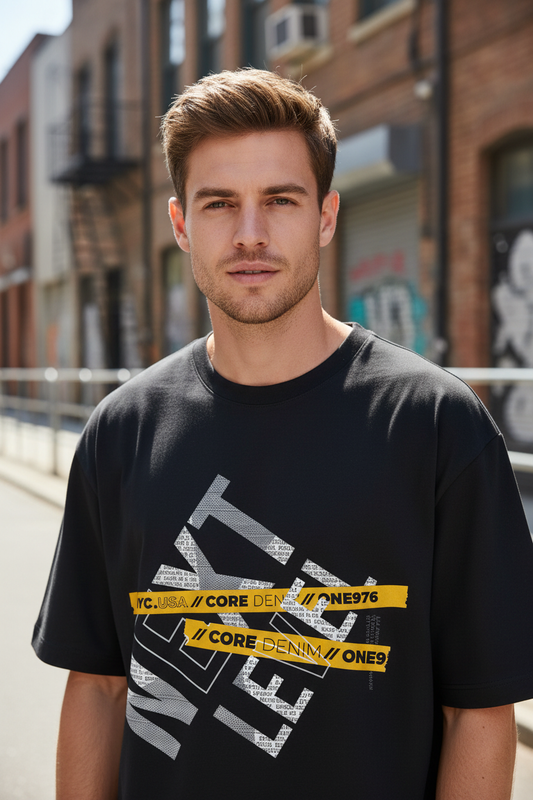 Male model wearing NYC Core Street oversized t-shirt