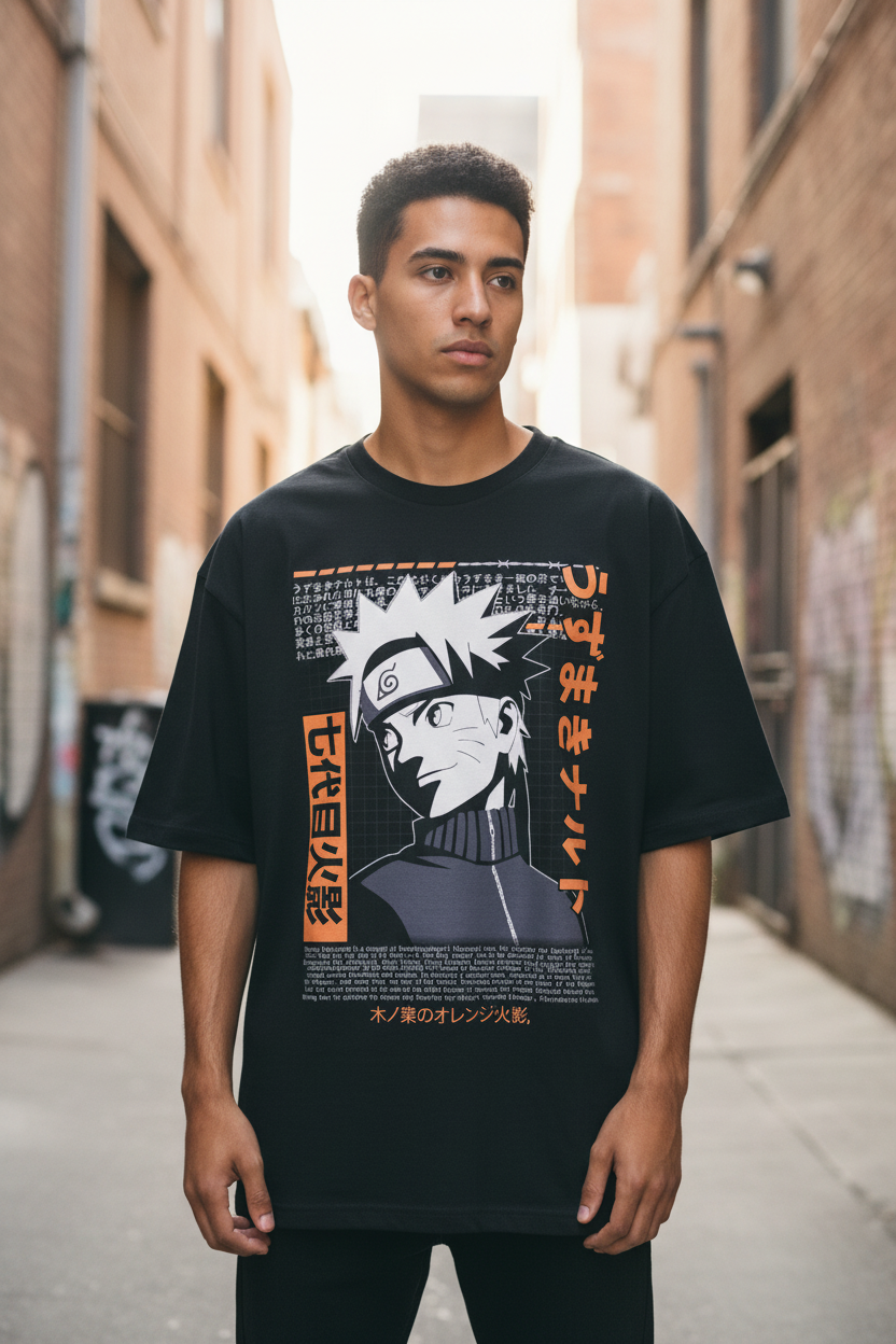 Male model wearing Naruto Uzumaki – Hokage Legacy oversized t-shirt