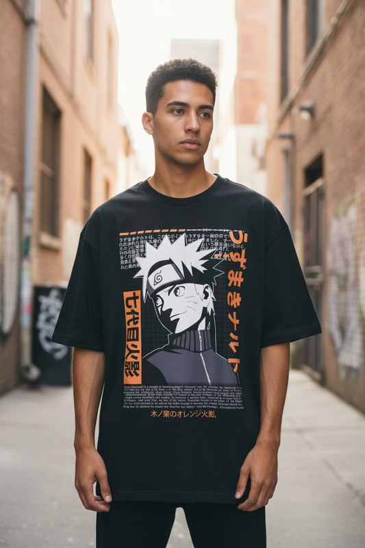 Male model wearing Naruto Uzumaki – Hokage Legacy oversized t-shirt