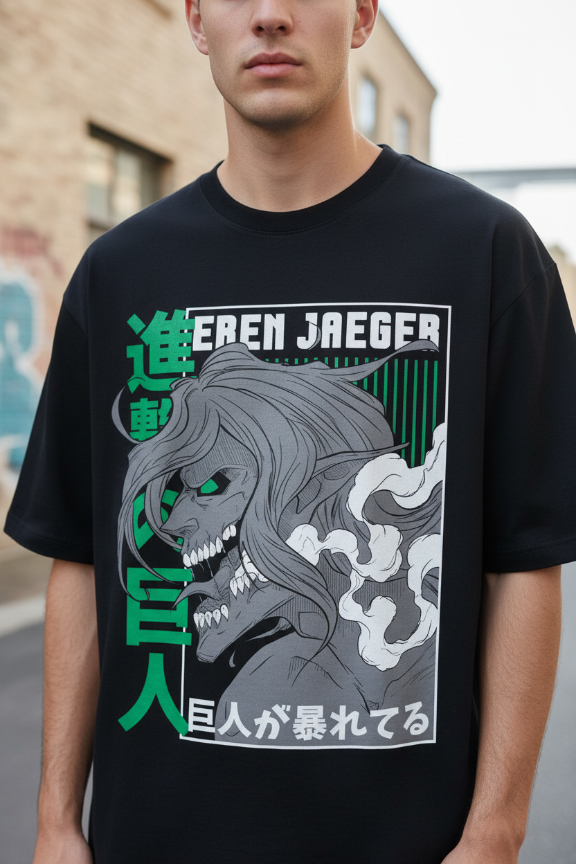 Male model wearing Eren Rage Form oversized t-shirt