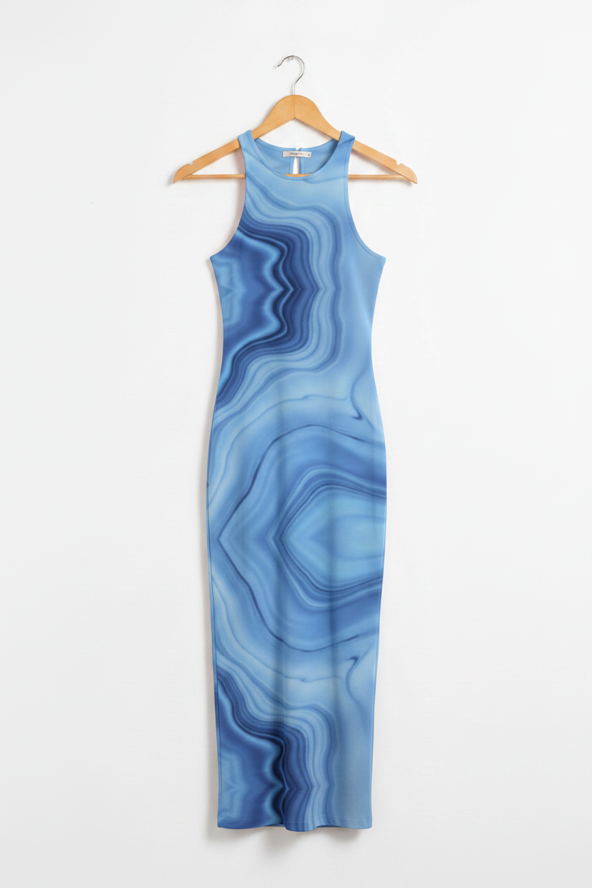 Azure Flow Bodycon Dress - soft blue fluid abstract pattern bodycon dress on wooden hanger, white studio background