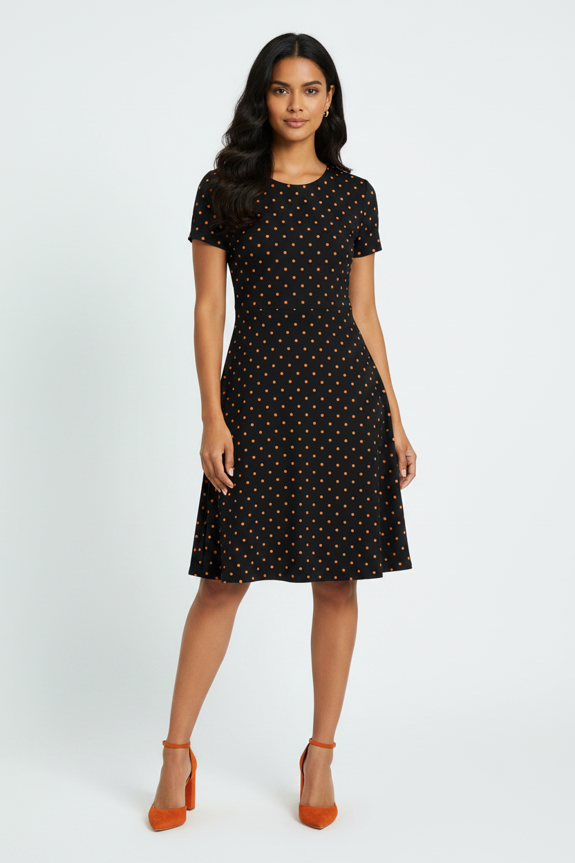 Burnt Orange Charm A-Line Dress - Wheatish Indian female model wearing black A-line dress with orange polka dots, nude heels, white studio background