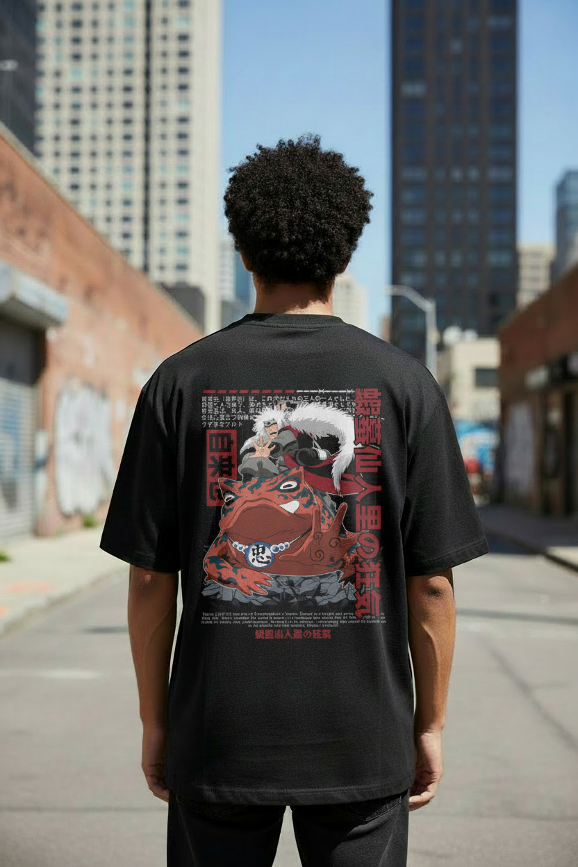 Male model wearing Jiraiya – Toad Sage Legacy oversized t-shirt - back view