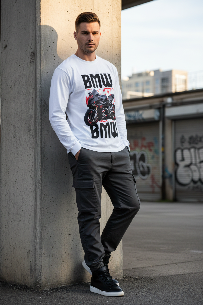 Male model wearing BMW RACE EDITION white full-sleeve t-shirt against urban concrete wall