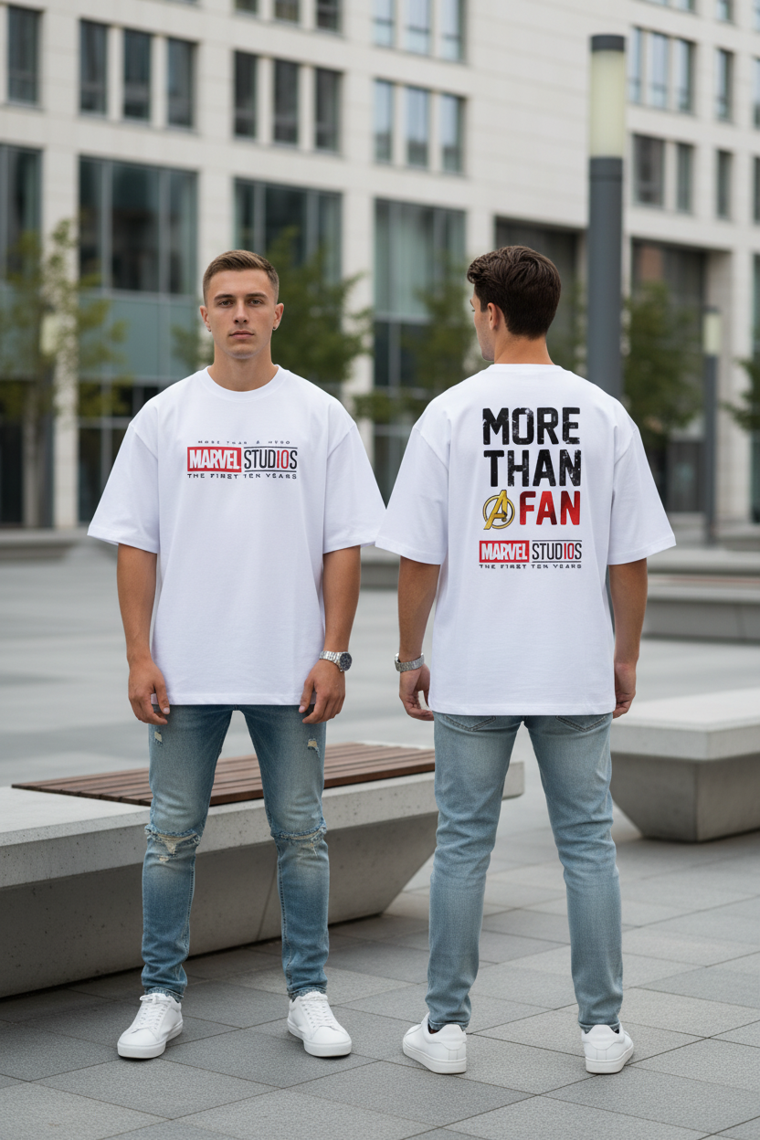 Male model wearing More Than a Fan Avengers Inspired oversized t-shirt showing front and back views