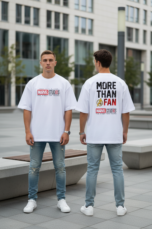 Male model wearing More Than a Fan Avengers Inspired oversized t-shirt showing front and back views