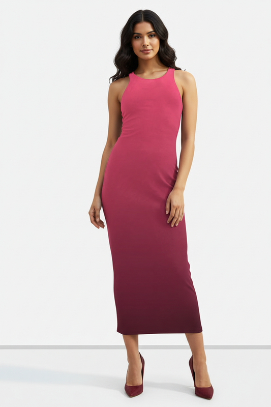 Crimson Noir Ombre Bodycon Dress - fair-skinned Indian female model wearing crimson noir ombre bodycon dress with red heels and subtle shadow, white studio background