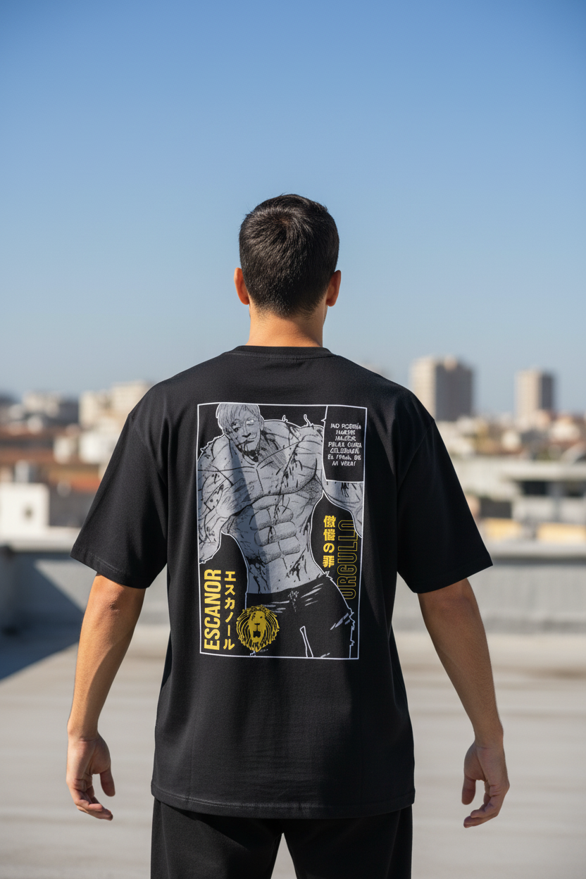 Male model wearing ESCANOR oversized t-shirt - back view