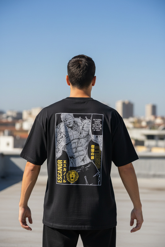 Male model wearing ESCANOR oversized t-shirt - back view