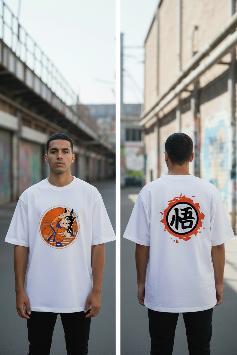 Male model wearing Playful Warrior Stance oversized t-shirt - front and back view