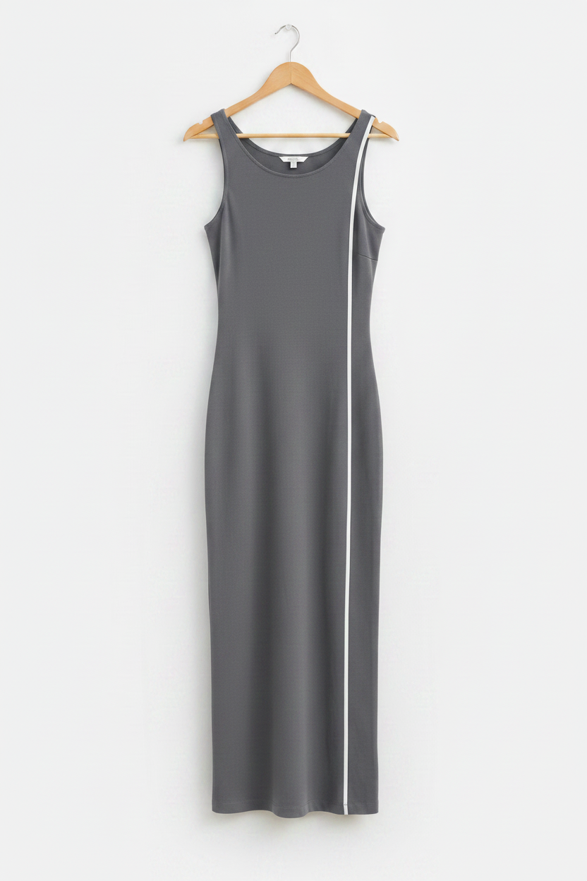 Urban Line Bodycon Dress - grey bodycon dress with white side stripe on wooden hanger, white studio background