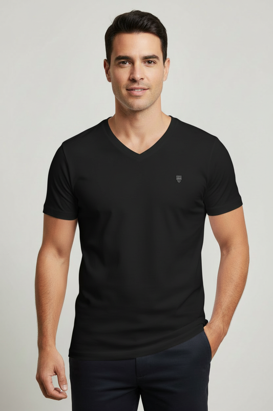 Male model wearing HAViT V-Neck T-Shirt in Black