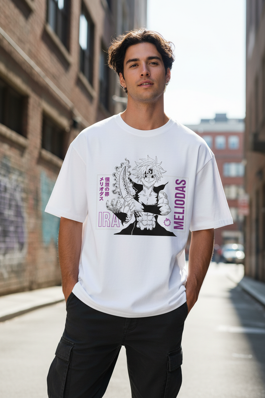Male model wearing MELIODAS DARK FORM oversized t-shirt