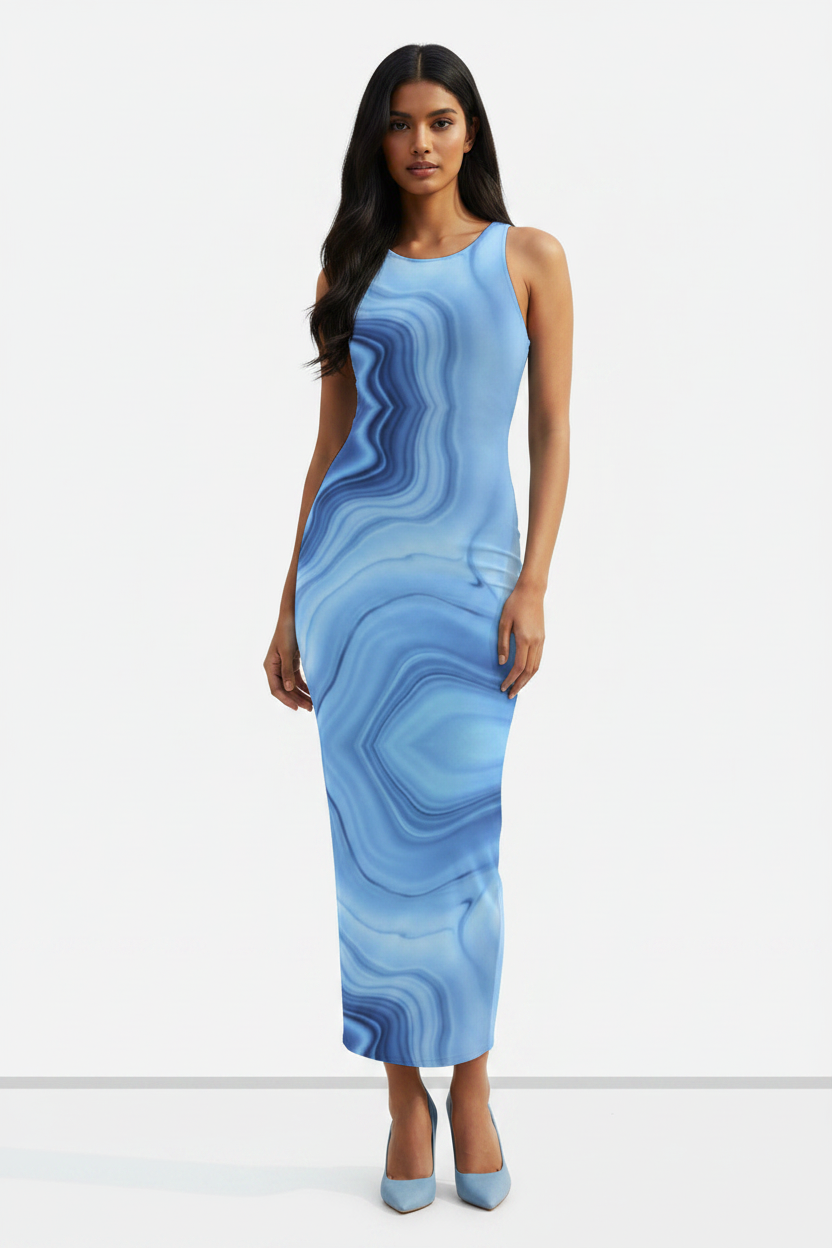 Azure Flow Bodycon Dress - wheatish-toned Indian female model wearing soft blue fluid abstract pattern bodycon dress, front pose, white heels, white studio background