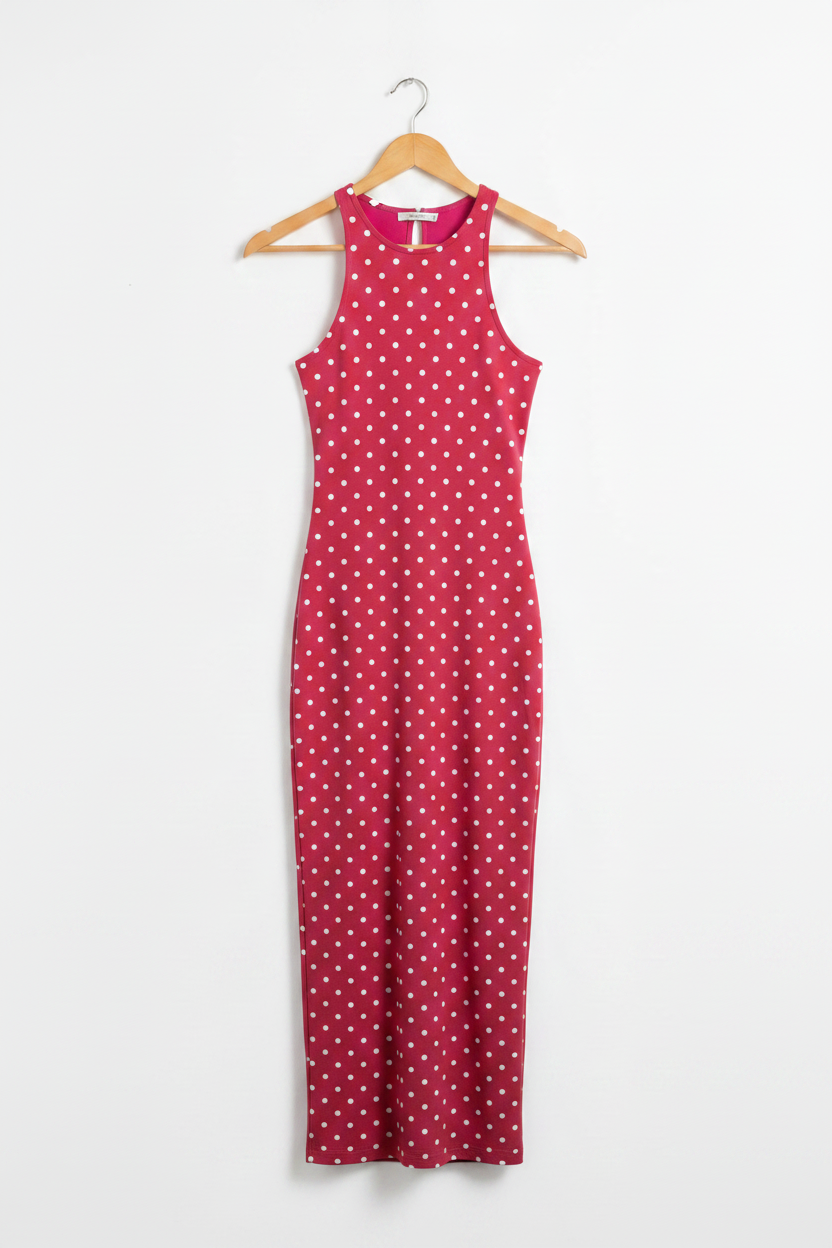 Scarlet Dot Muse Bodycon Dress - scarlet red bodycon dress with white polka dots on wooden hanger, white studio background