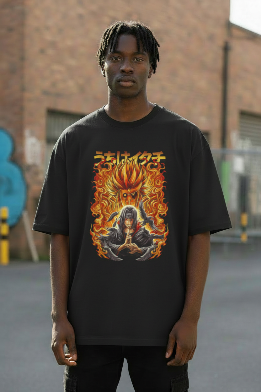 Male model wearing Itachi Uchiha – Flame of the Uchiha oversized t-shirt