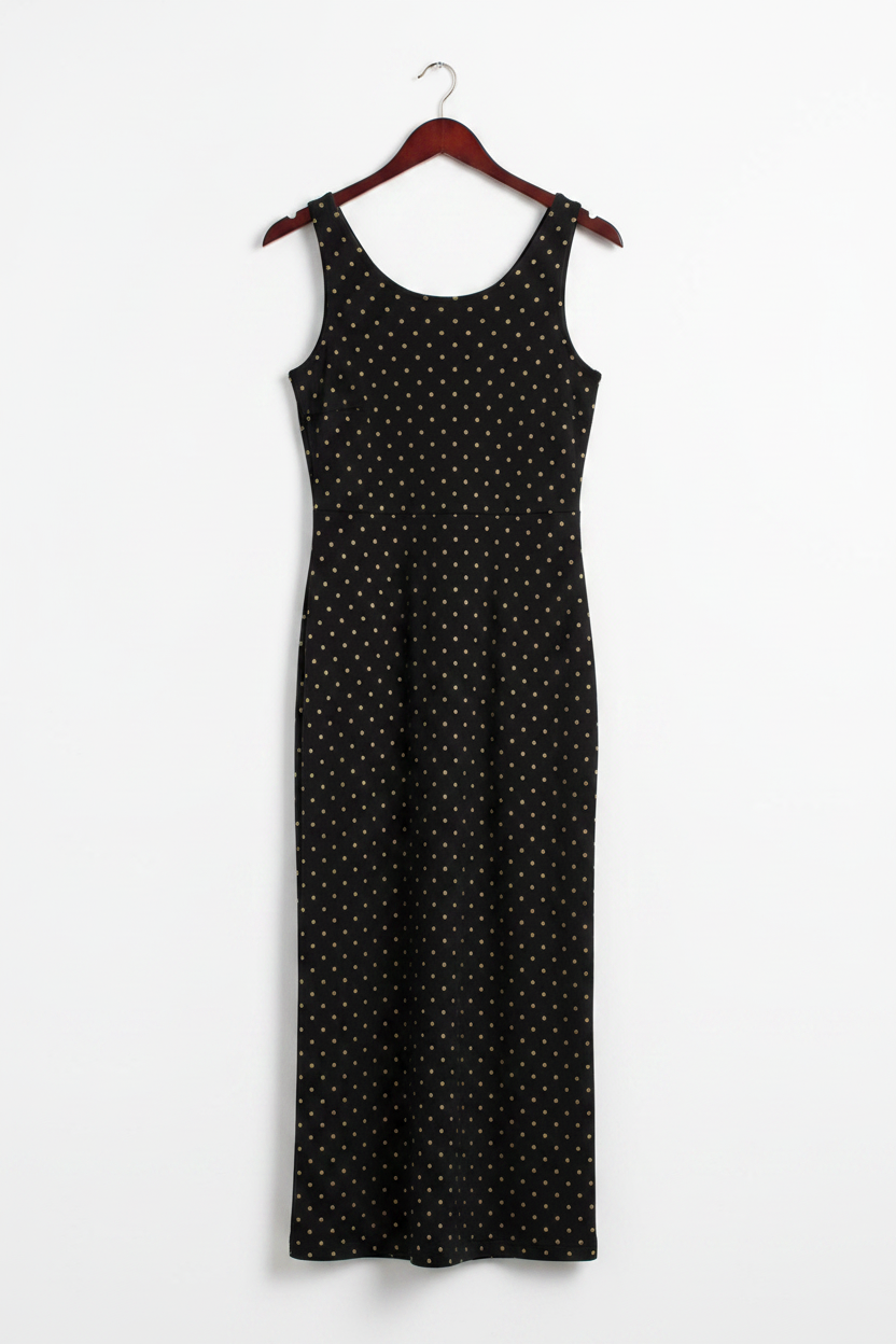 Midnight Gold Polka Bodycon Dress - midnight black gold polka dot bodycon dress on wooden hanger, white studio background