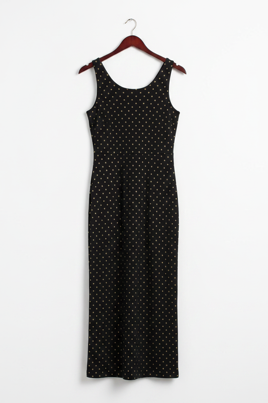 Midnight Gold Polka Bodycon Dress - midnight black gold polka dot bodycon dress on wooden hanger, white studio background