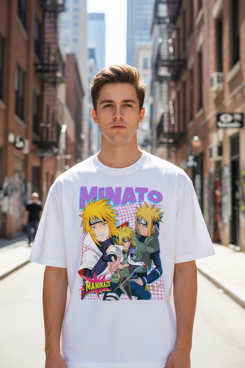 Male model wearing Minato Namikaze – Yellow Flash Legacy oversized t-shirt